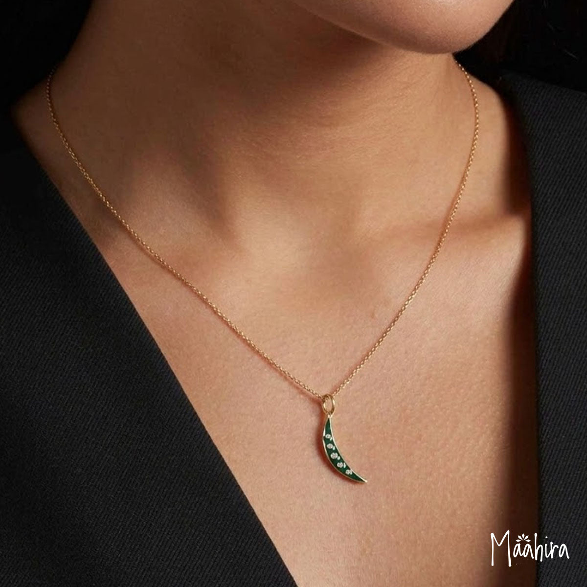 Diamond & Blue enamel Moon Pendant 37mm