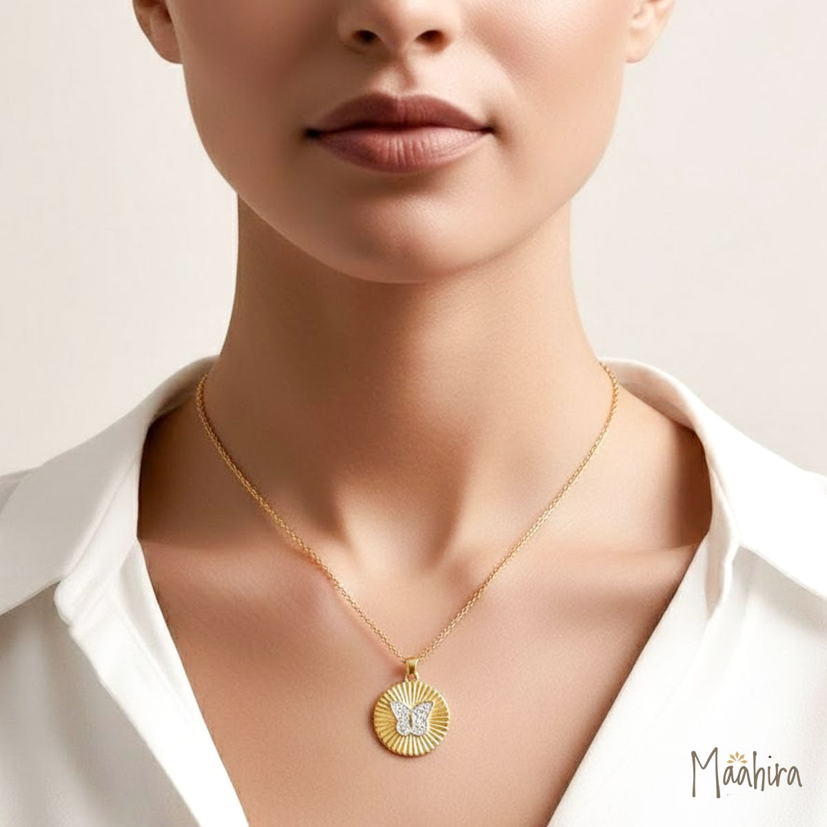 Diamond Butterfly Round Pendant Necklace 13mm
