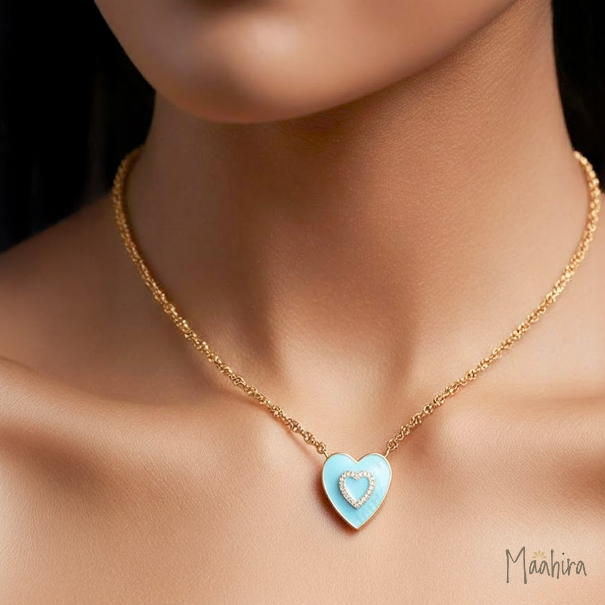 Diamond Heart Turquoise Enamel Necklace