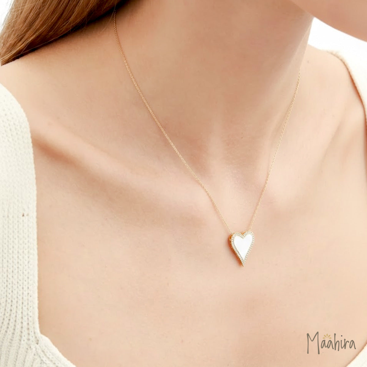 Diamond Heart Shape Necklace With White and Baby Pink Enamel