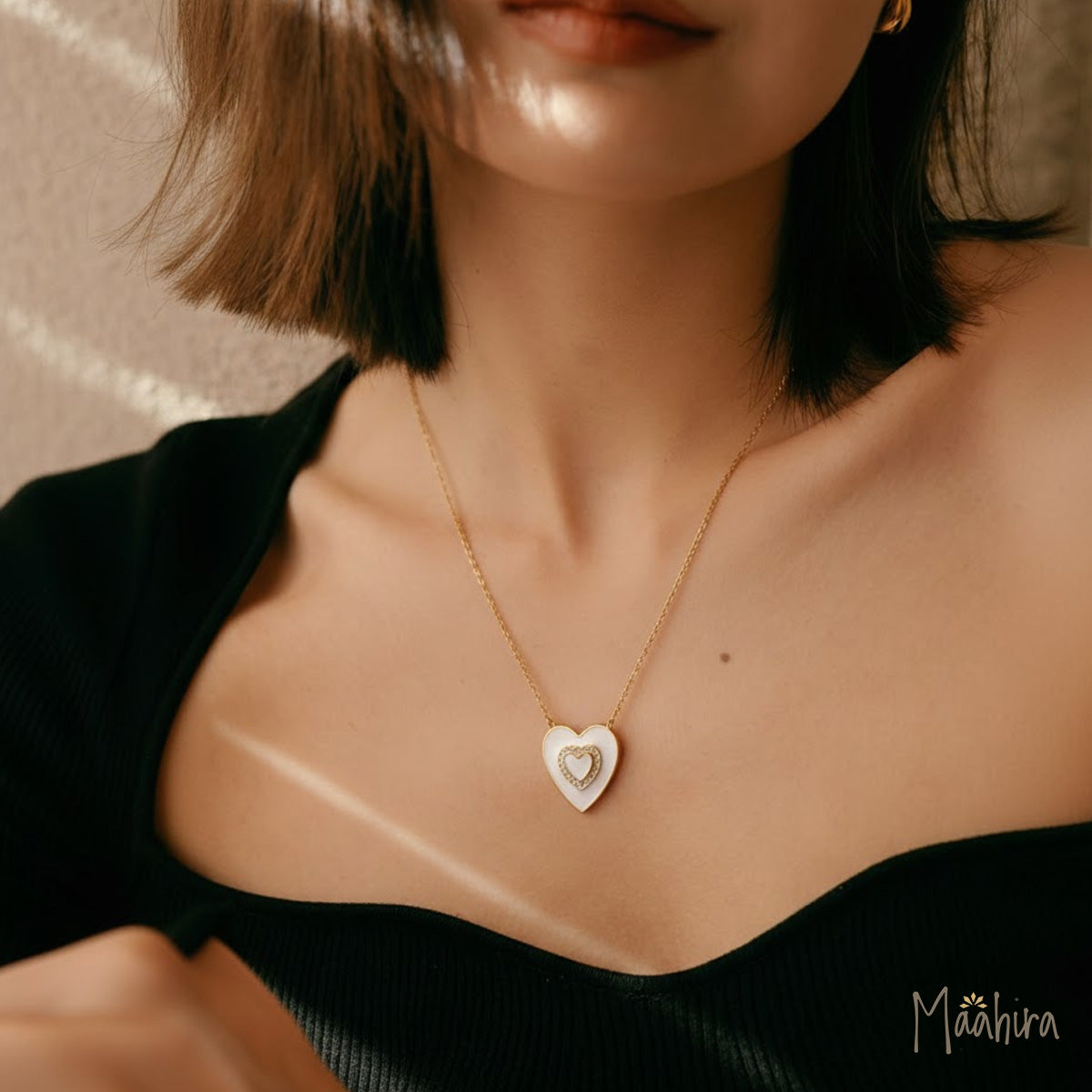Diamond Heart White Enamel Necklace