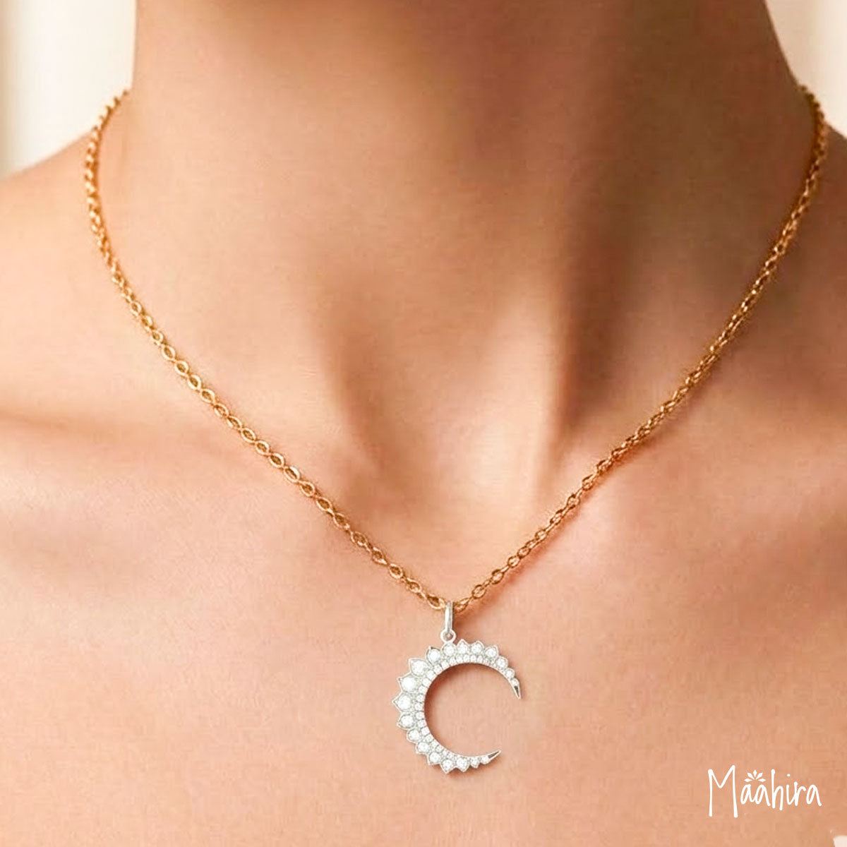 Diamond & Rainbow Moonstone Moon Pendant 25x27mm