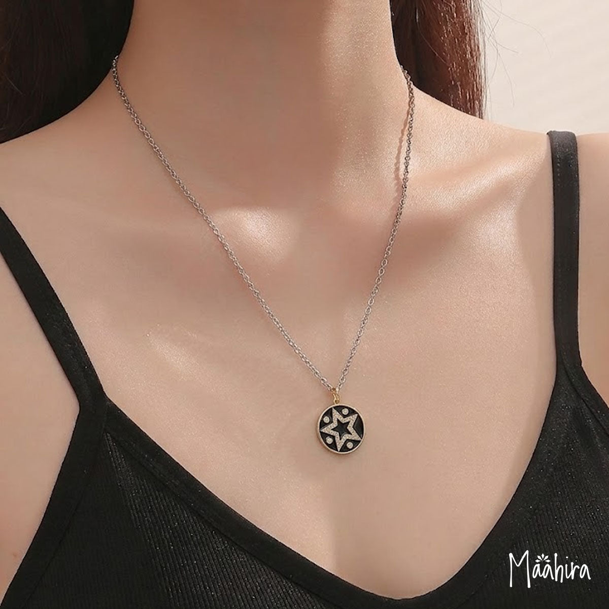 Diamond Star in Black Enamel Pendant