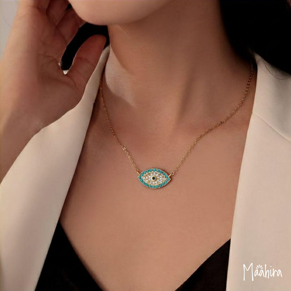 Diamond Turquoise Evil Eye Pendant Necklace 6.70x11mm