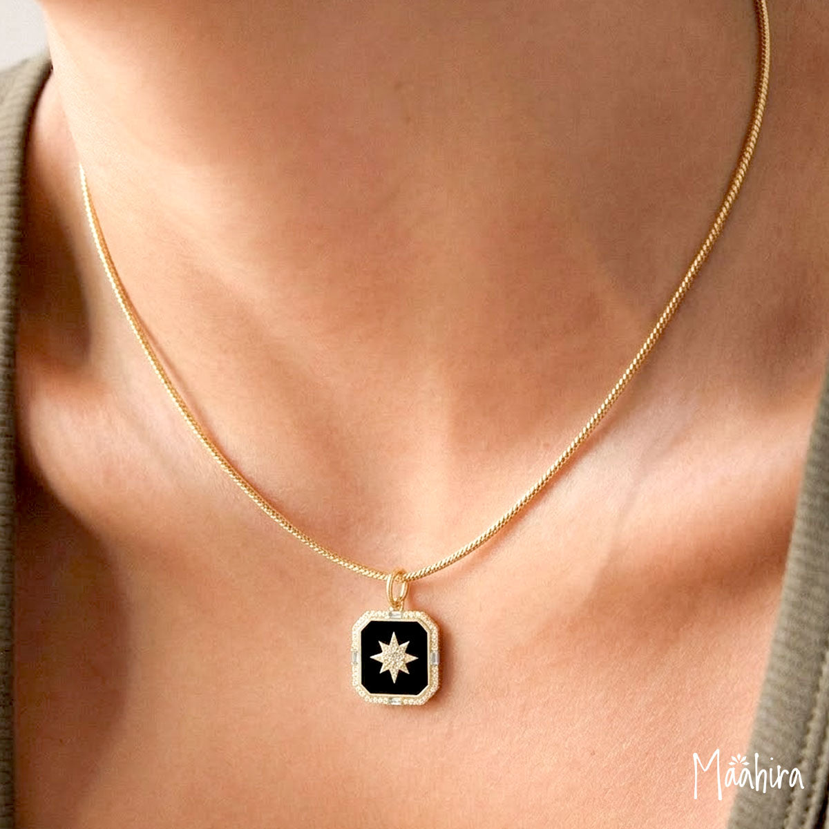 Octagon Shape Black Onyx Diamond Star Pendant 22x22mm