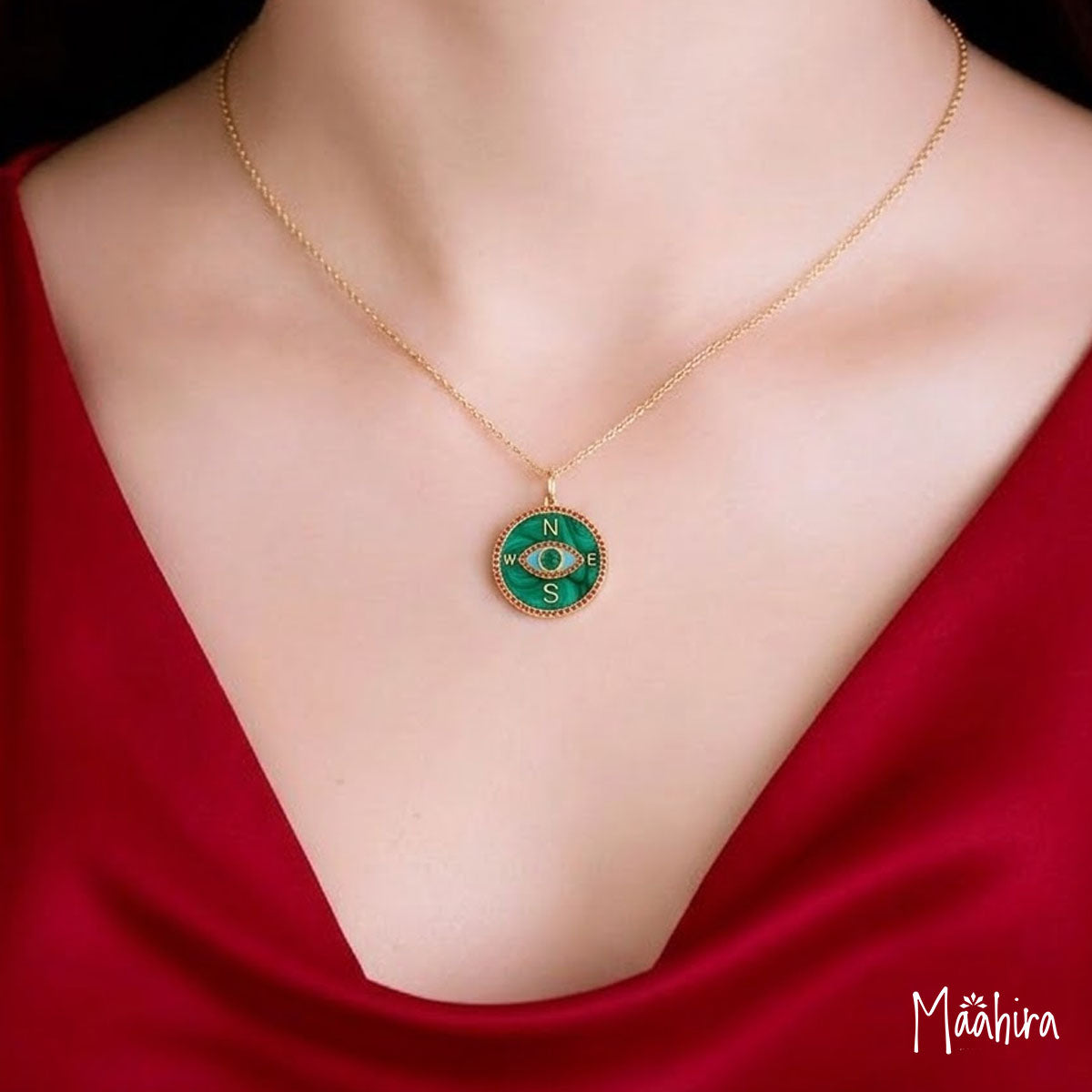 Diamond & Emerald Compass Evil Eye Turquoise Pendant 22mm