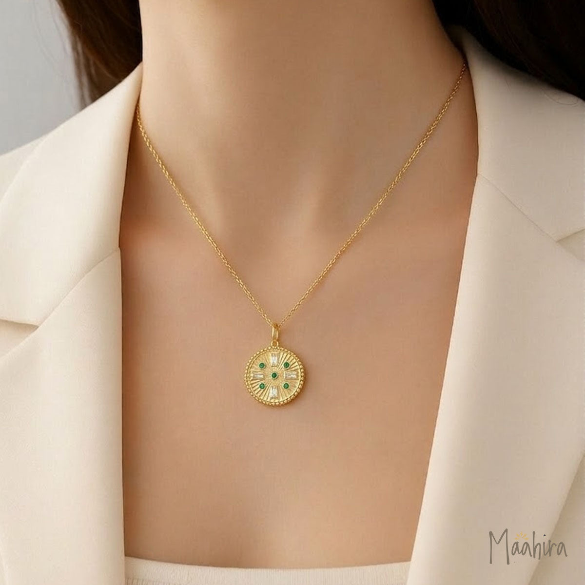 Diamond & Emerald Round Pendant 24mm