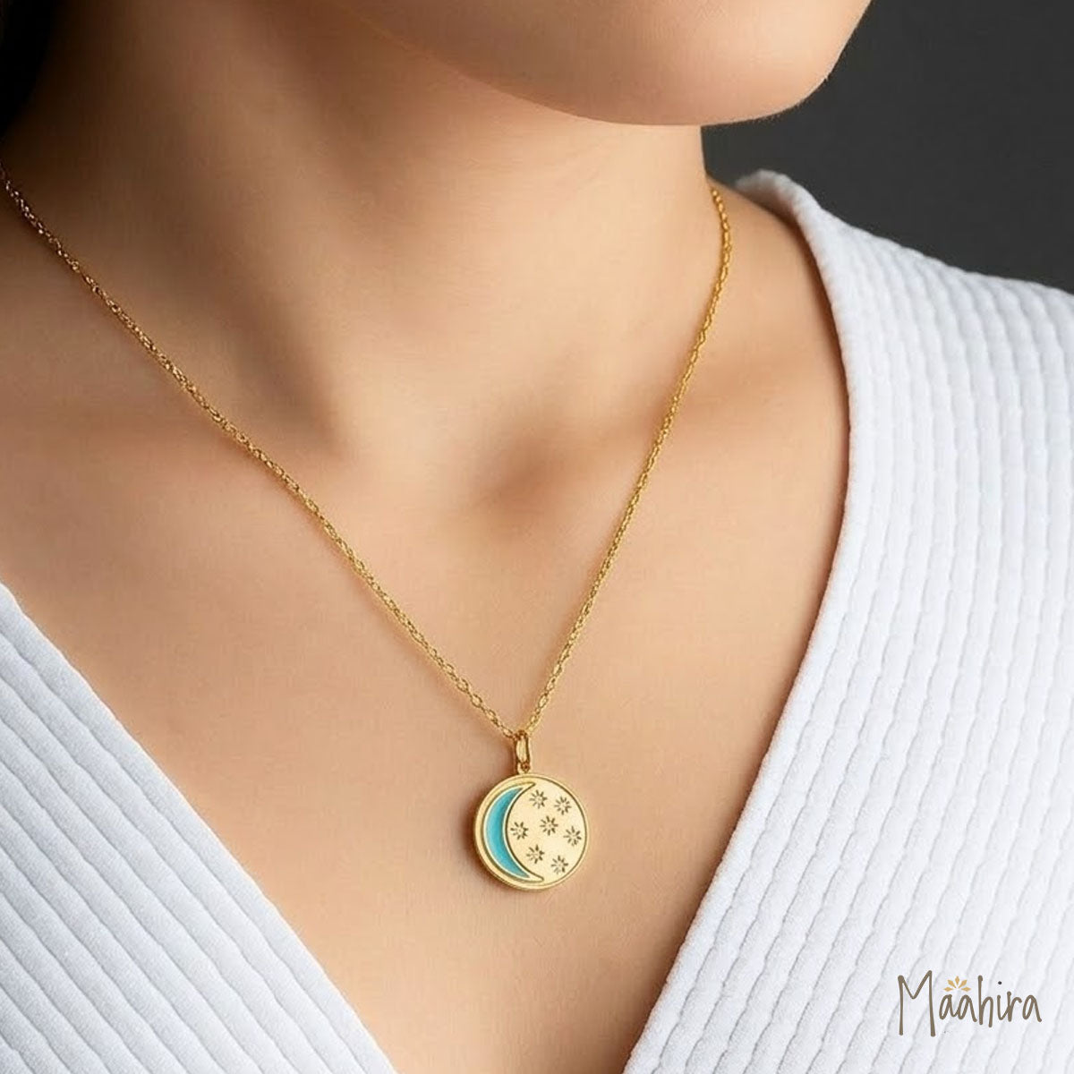 Diamond Turquoise Enamel Moon & Star Pendant 20mm