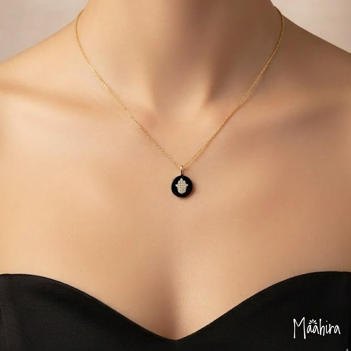 Onyx & Diamond Hamsa Hand Disc Pendant