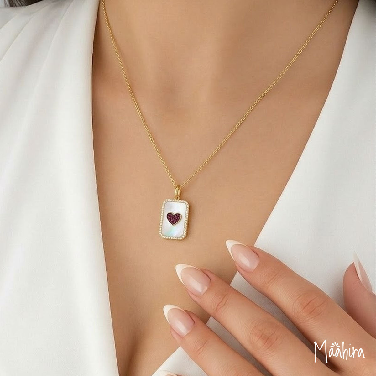 Rectangle Diamond & Mother of Pearl Ruby Heart Pendant 24x10mm