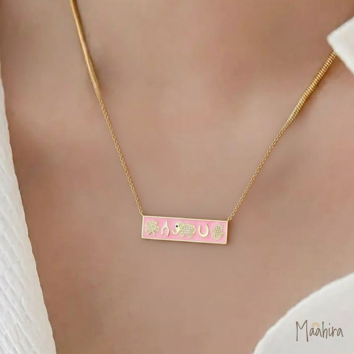 Pink Five Charms Bar Necklace