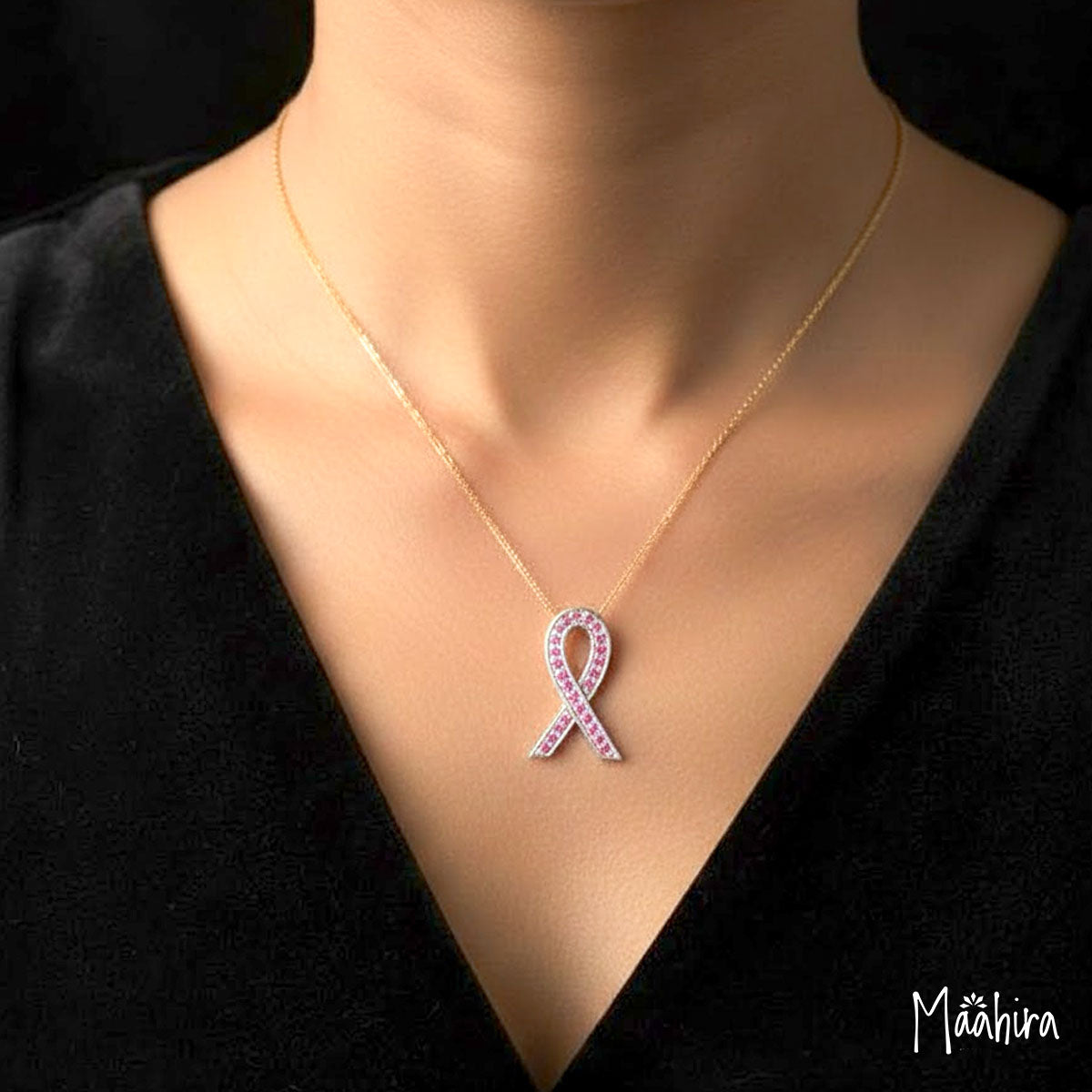 Pink Sapphire Breast Cancer Ribbon Logo Necklace