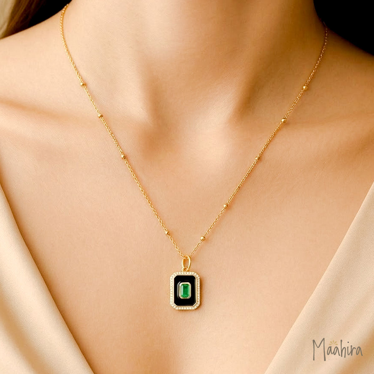 Rectangle Diamond & Emerald Black Onyx Pendant 13x17.50mm