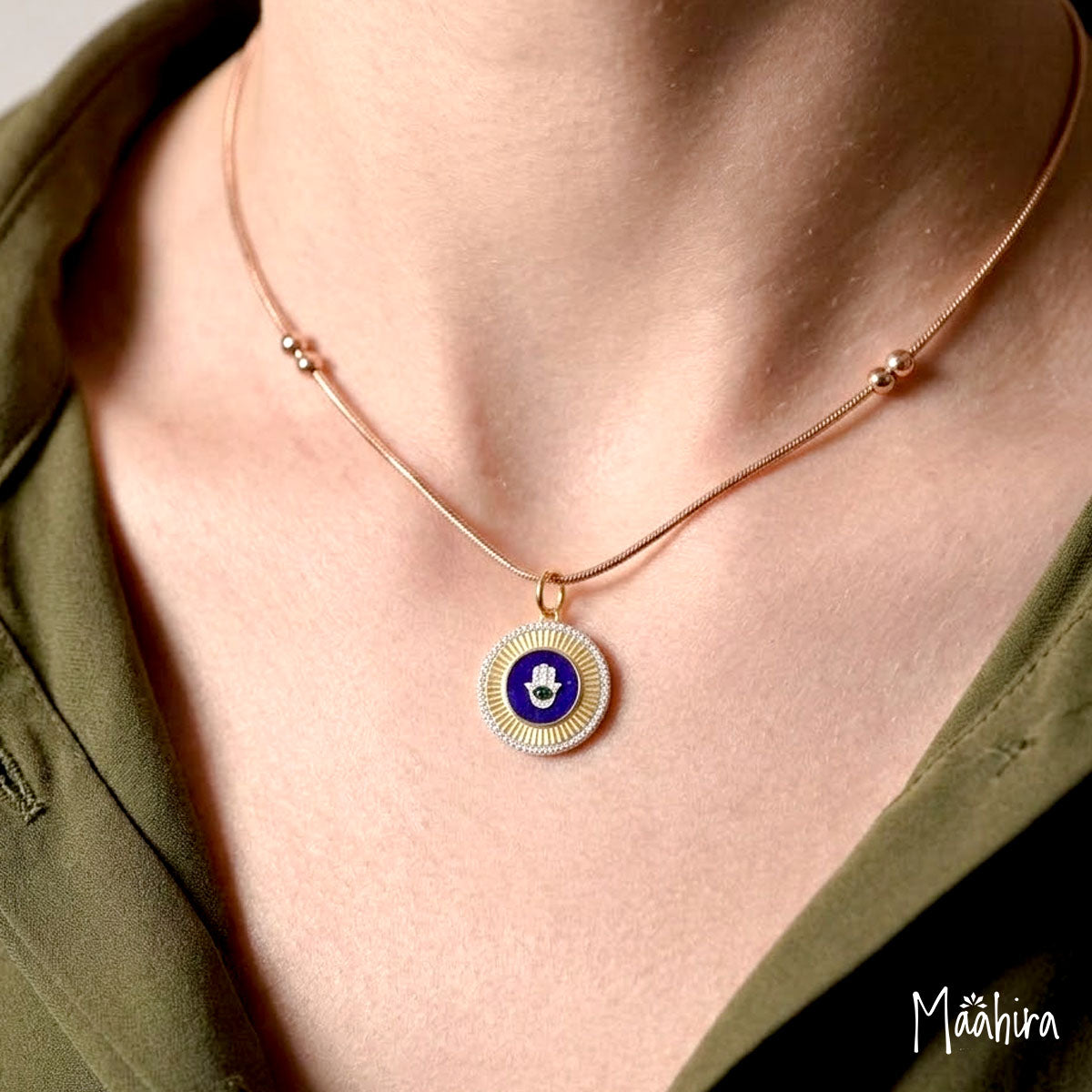 Round Diamond & Blue Sapphire Hamsa Hand Pendant of Lapis 24mm