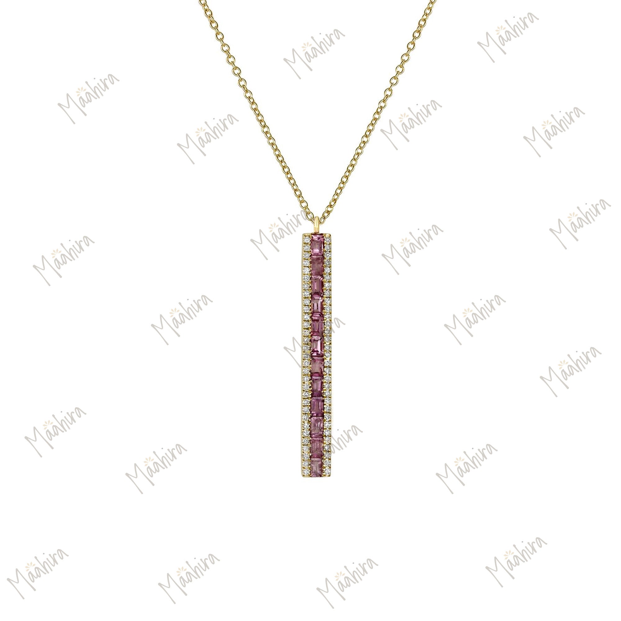Diamond and Pink Tourmaline bagette Bar Necklace