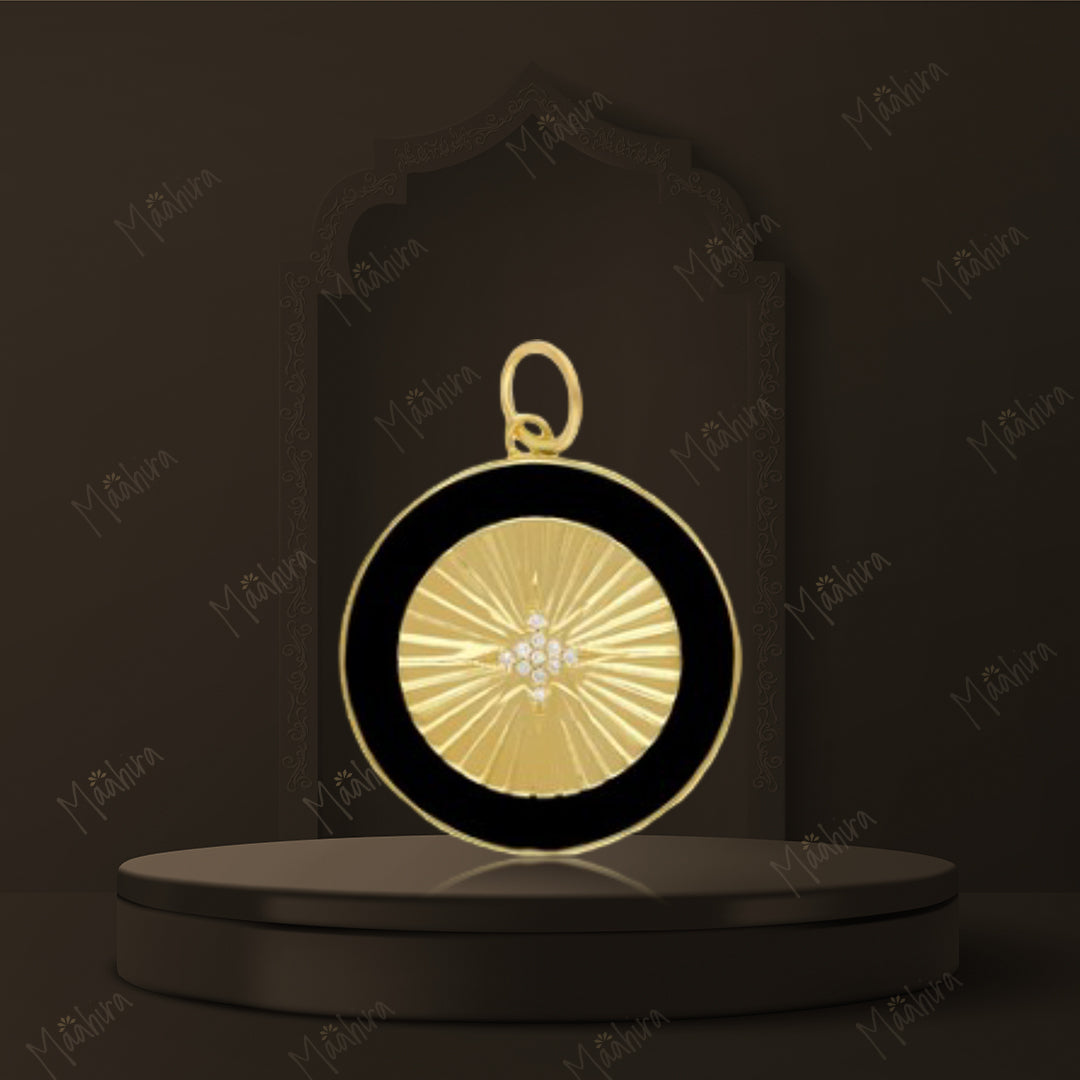 Black Enamel Diamond Star Rays Pendant 22mm