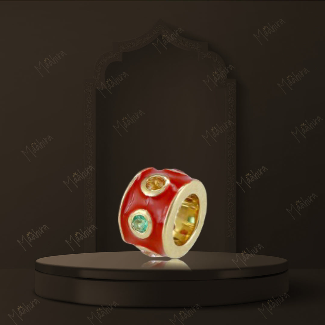 14k Gold Red Enamel Multicolor Sapphire Rondelle Bead / Roundel Bead Charm 4.70x7mm