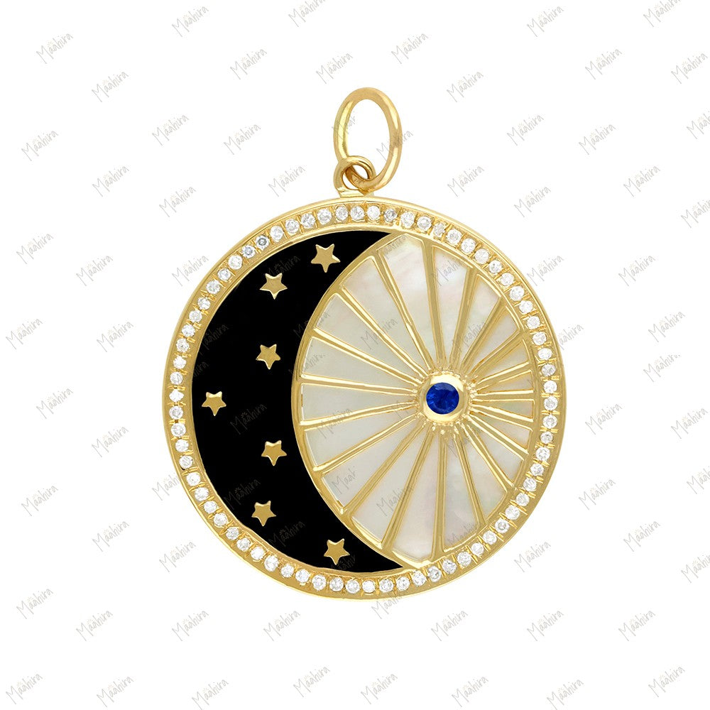 Black Enamel Mother of Pearl/Sapphire/Diamond Moon & Star Pendant 24mm