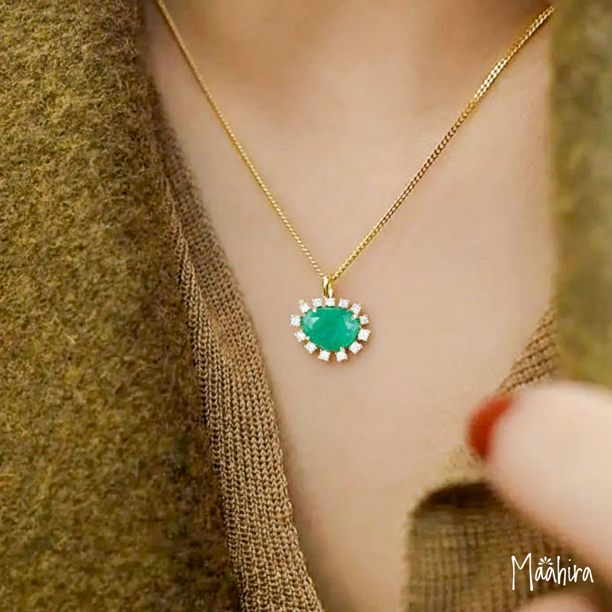 14K Yellow Gold Diamond Emerald Necklace