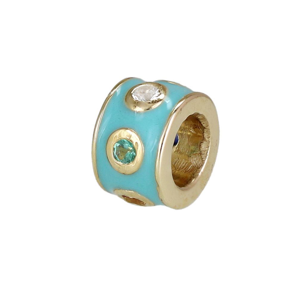 14k Gold Diamond Rondelle Bead / Roundel Bead with turquoise Enamel