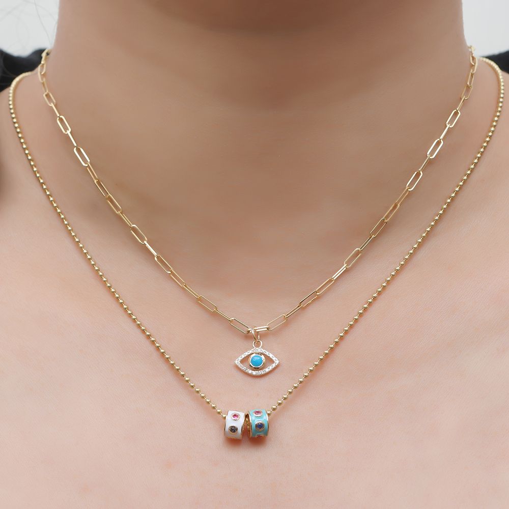 14k Gold Diamond Rondelle Bead / Roundel Bead with turquoise Enamel