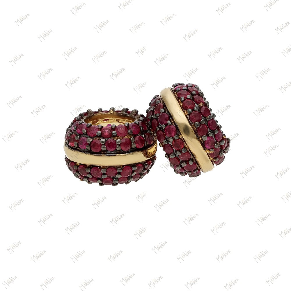 14K Yellow Gold Blue Sapphire/Emerald/Pink Sapphire/Ruby Roundel Charm with Partition Line & Rhodium Plated Prongs, 5.50×9 mm