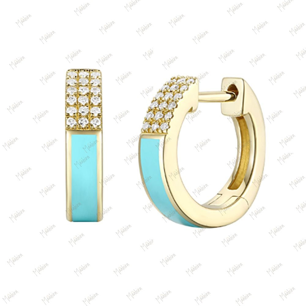 Turquoise Enamel & Diamond Huggies 12mm