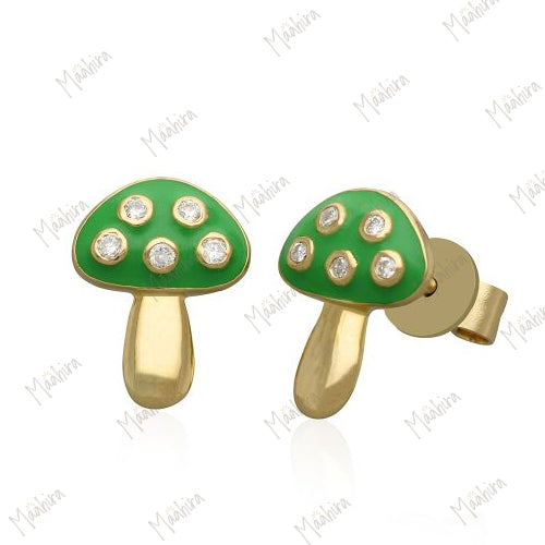 Diamond Mushroom Studs With Green Enamel