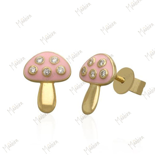 Diamond Mushroom Studs With Green Enamel