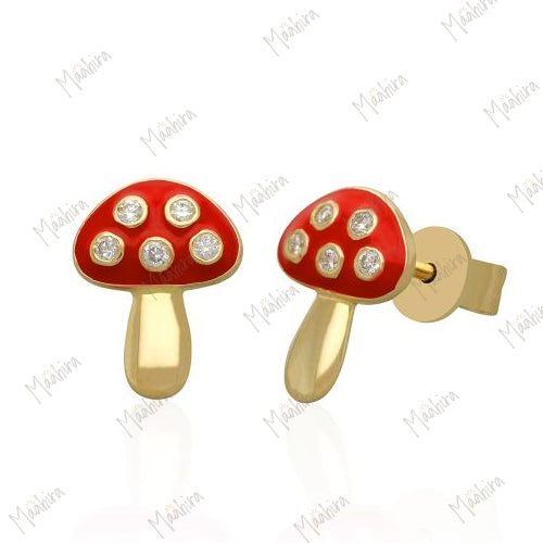 Diamond Mushroom Studs With Green Enamel