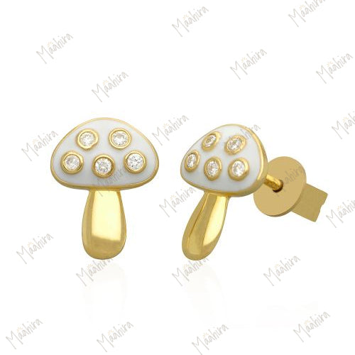 Diamond Mushroom Studs With Green Enamel