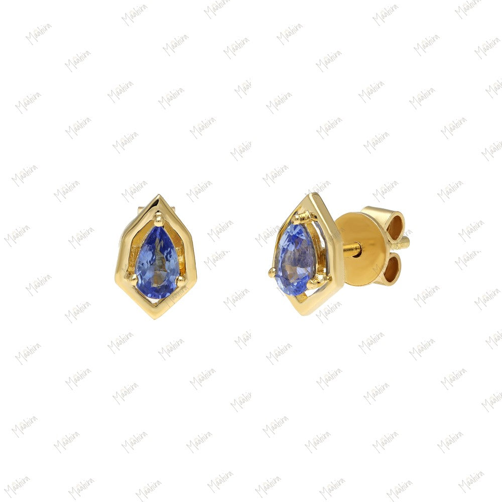 Minimalist Yellow Gold Blue Sapphire Studs-5.5x8.5mm