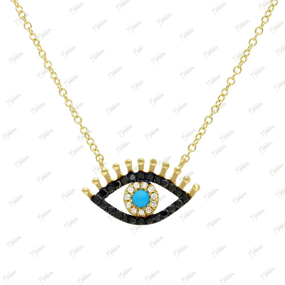 Diamond and Black Diamond Turquoise Evil Eye Necklace 9x15mm