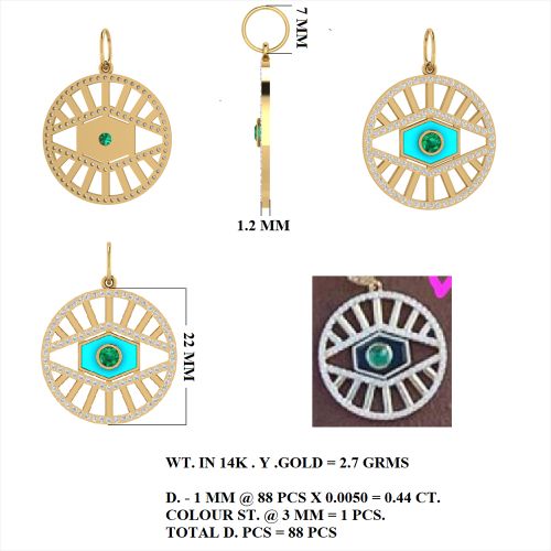 Diamond Blue Sapphire Turquoise Enamel Pendant of Eye 22mm