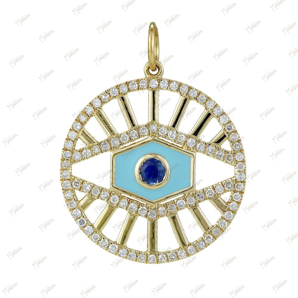 Diamond Blue Sapphire Turquoise Enamel Pendant of Eye 22mm