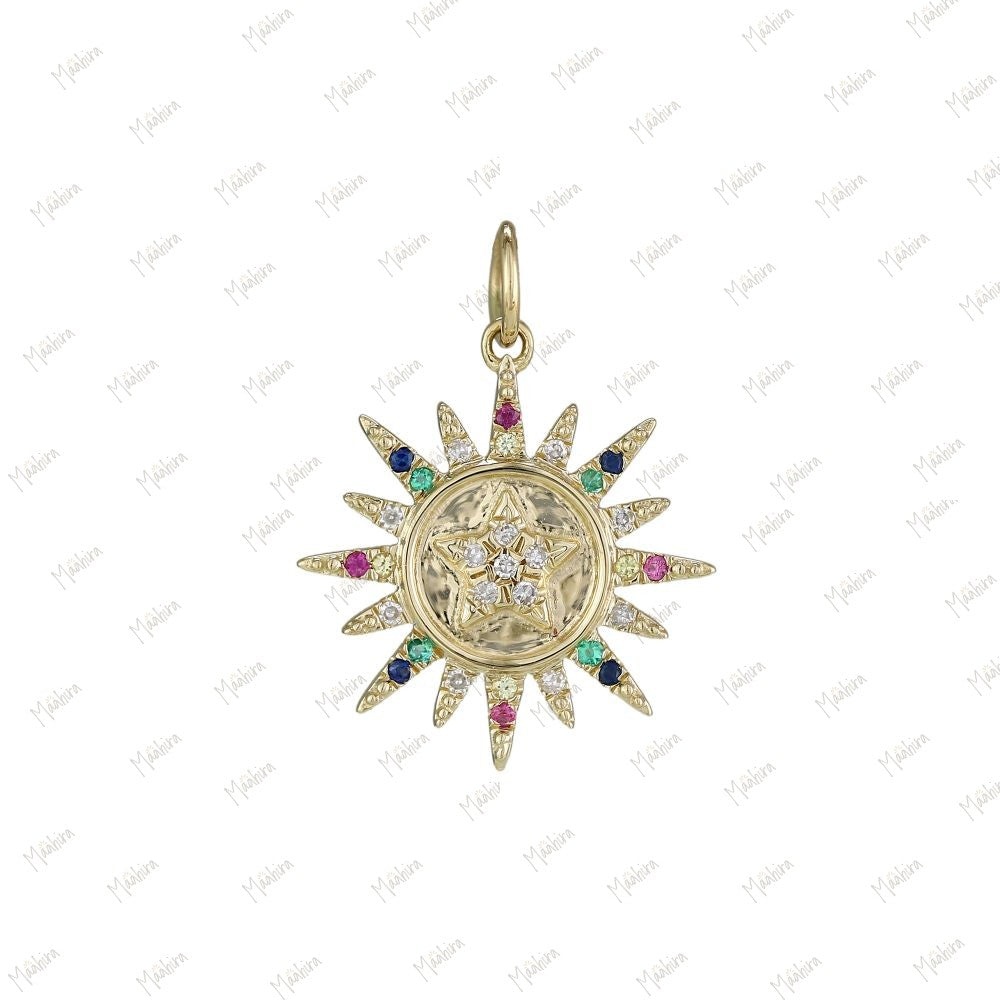 Diamond Multi Sapphire Sun Pendant-15.60mm