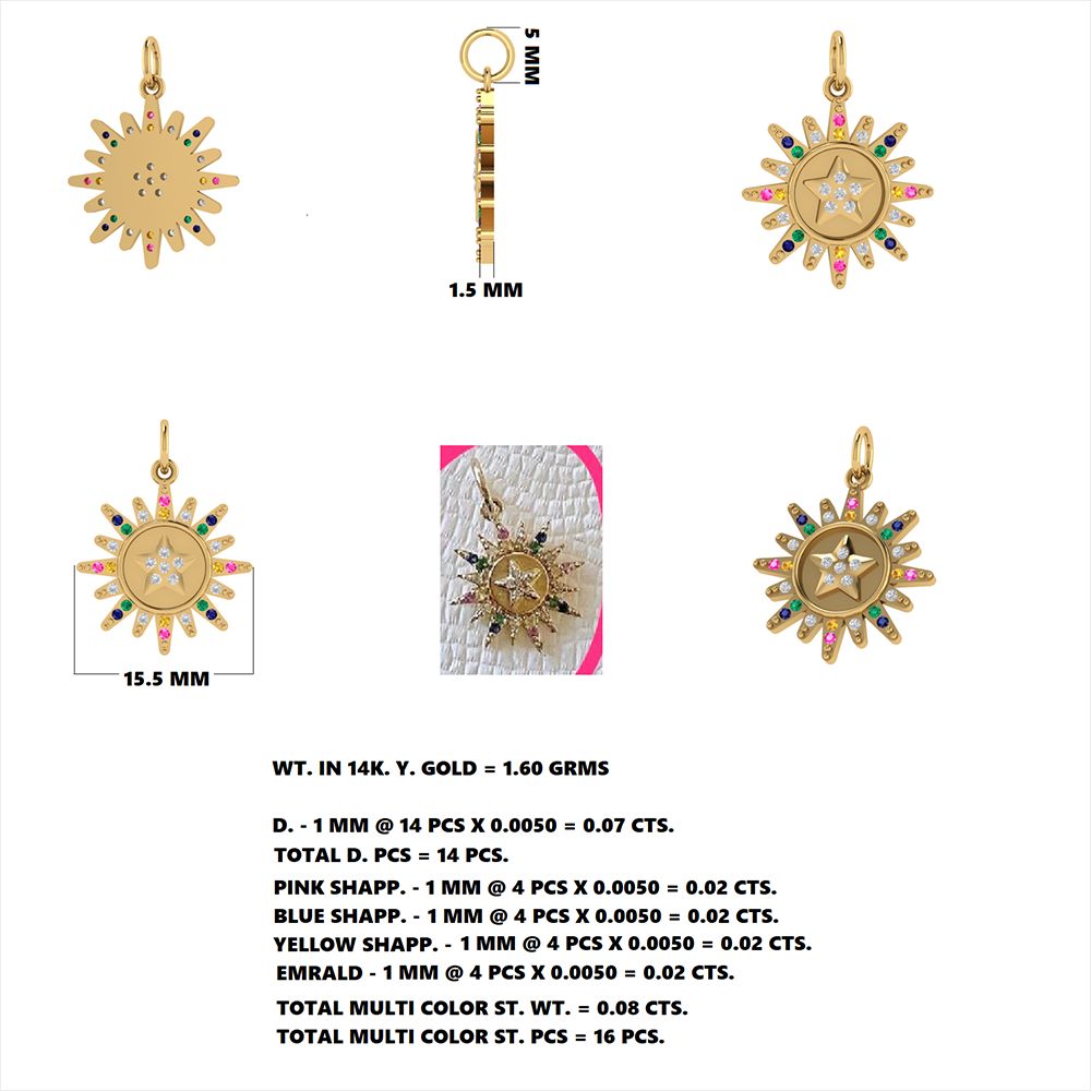 Diamond Multi Sapphire Sun Pendant-15.60mm