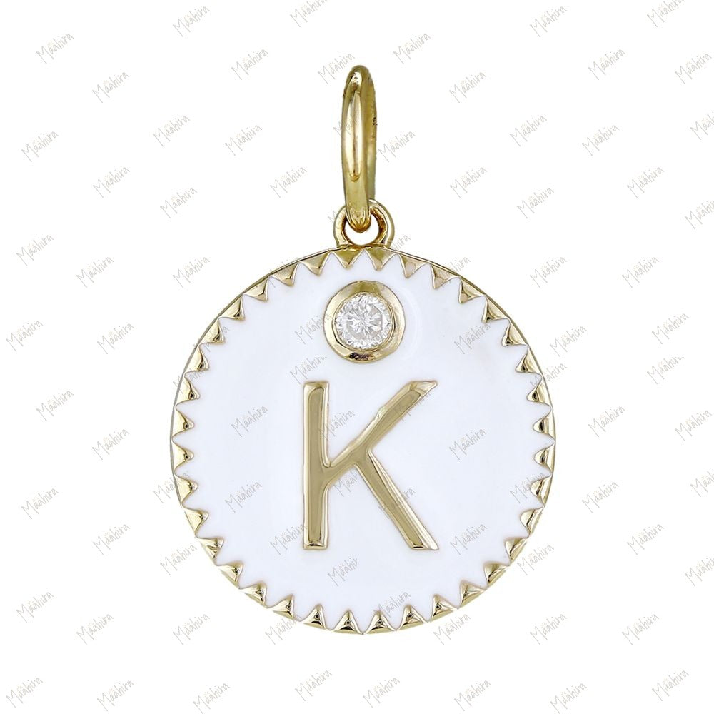 Round Diamond K Letter Pendant With White Enamel 18mm