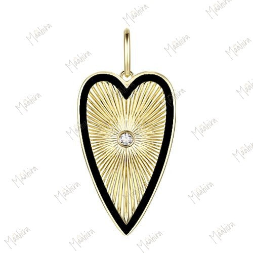 Black Enamel & Diamond Heart Rays Pendant 25x12mm