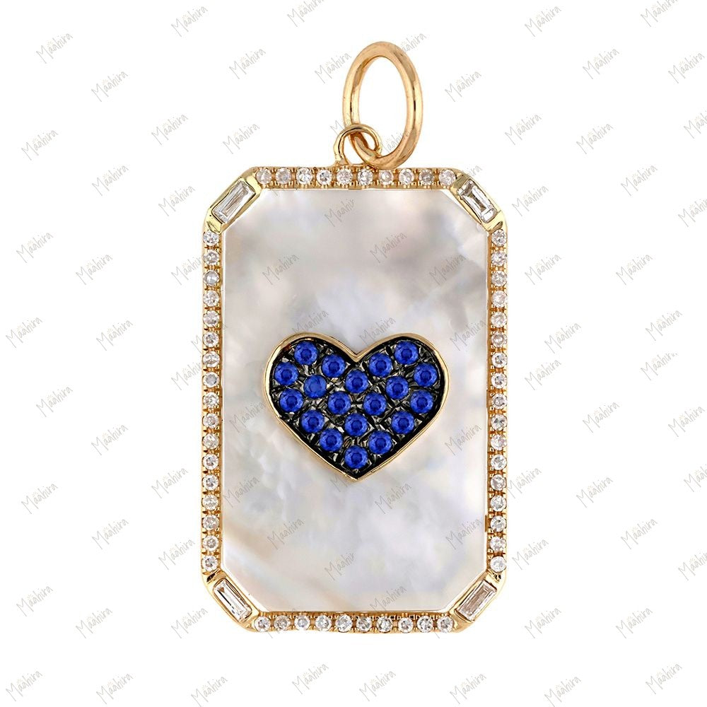 Diamond & Mother of Pearl Blue Sapphire Heart Pendant 24x9.60mm