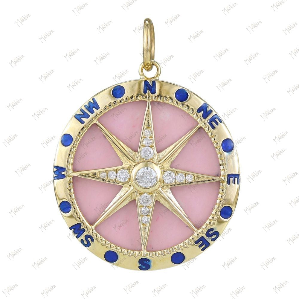 Diamond & Pink Stone Compass Star Pendant With Blue Enamel 21.50mm