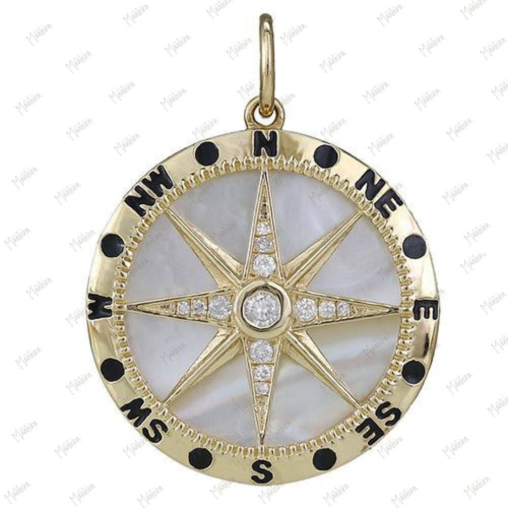 Diamond & Mother of Pearl Compass Star Pendant With Black Enamel 21.50mm