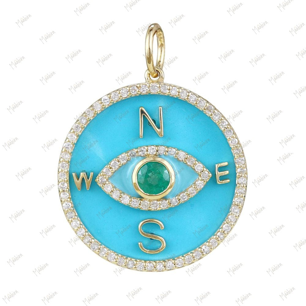 Diamond & Emerald Compass Evil Eye Turquoise Pendant 22mm