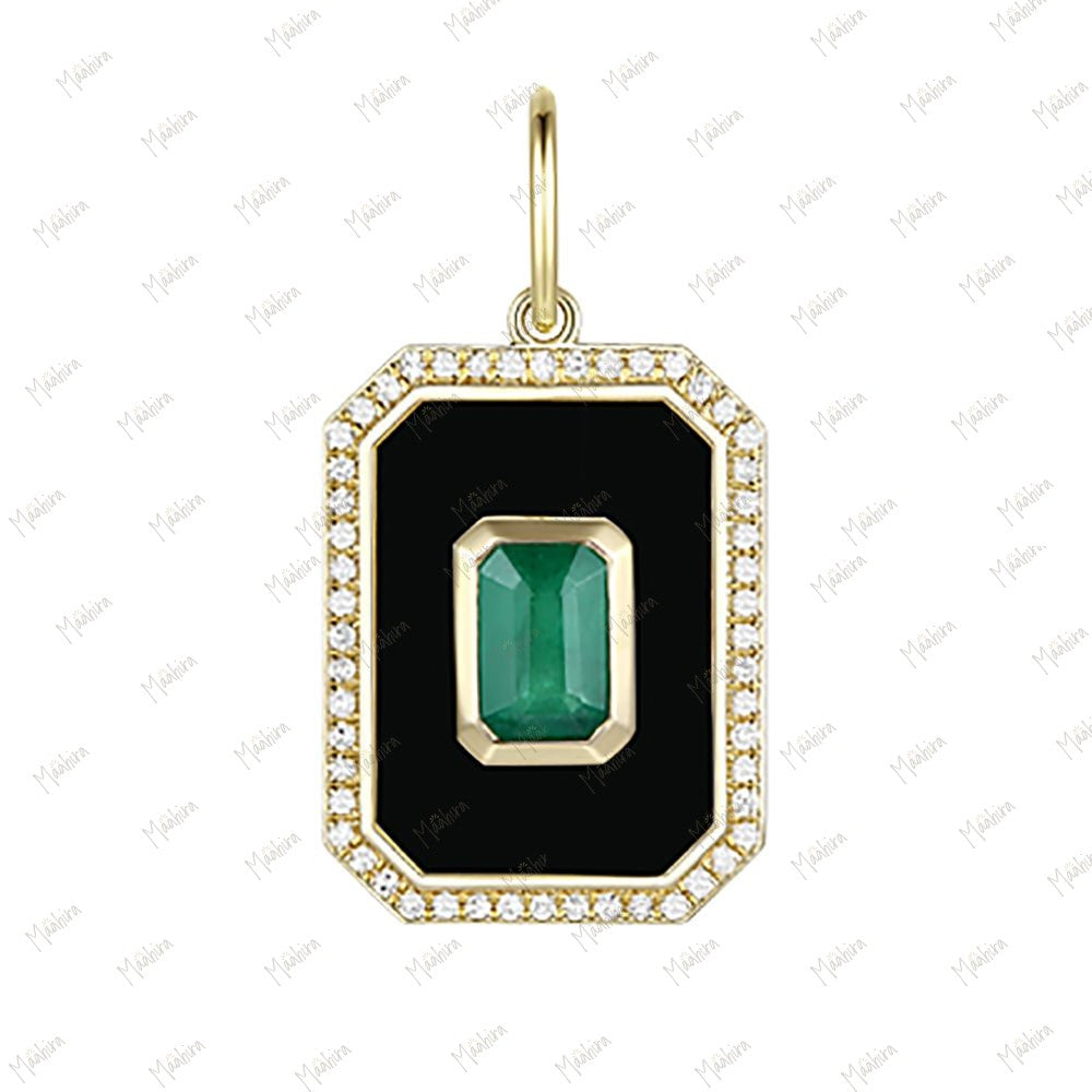 Onyx Diamond & Emerald Round Pendant 20mm
