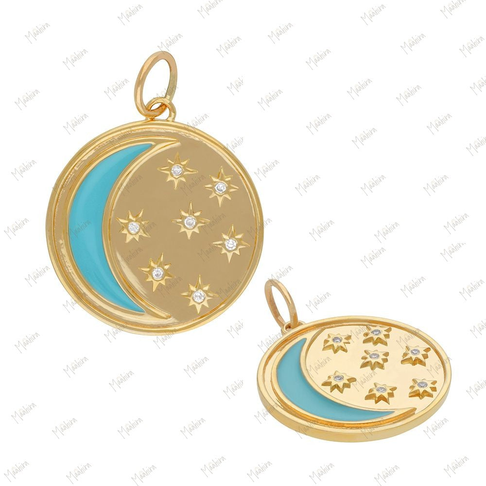 Diamond Turquoise Enamel Moon & Star Pendant 20mm