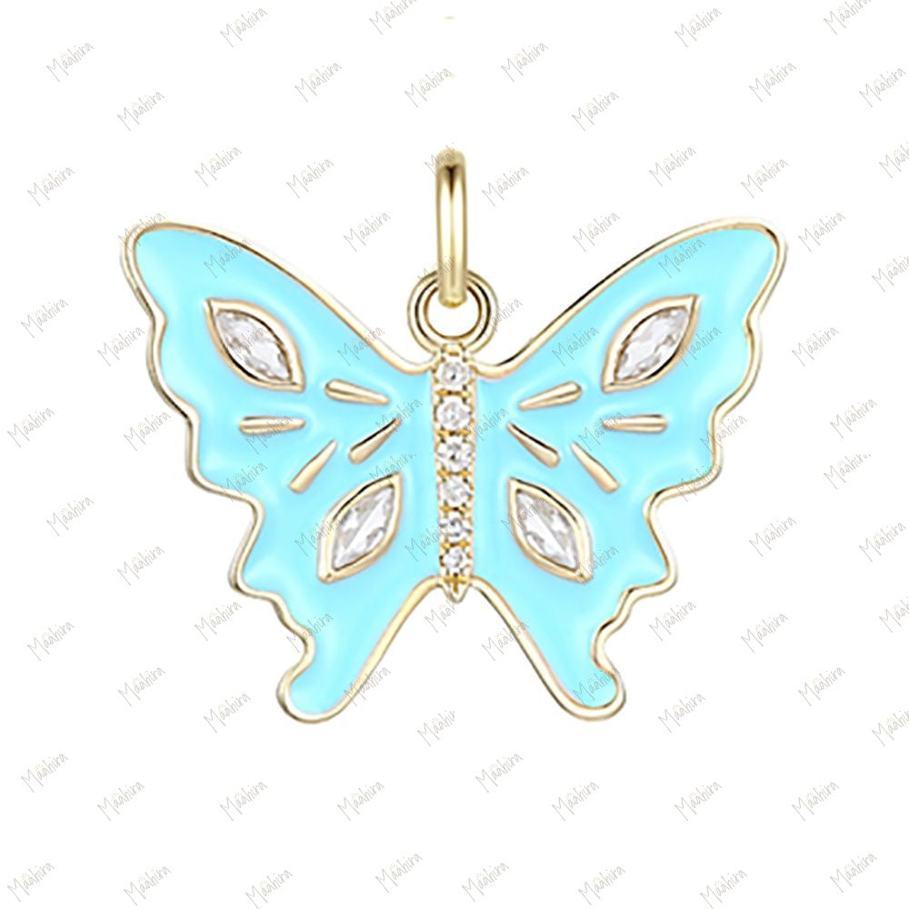 Diamond & White Topaz Black Enamel Butterfly pendant 20x14.7mm