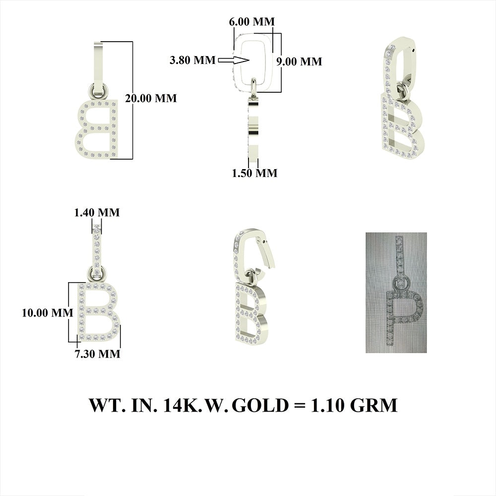 Diamond B Letter Charm with Click Lock 8.90x10mm, Lock-6x9mm