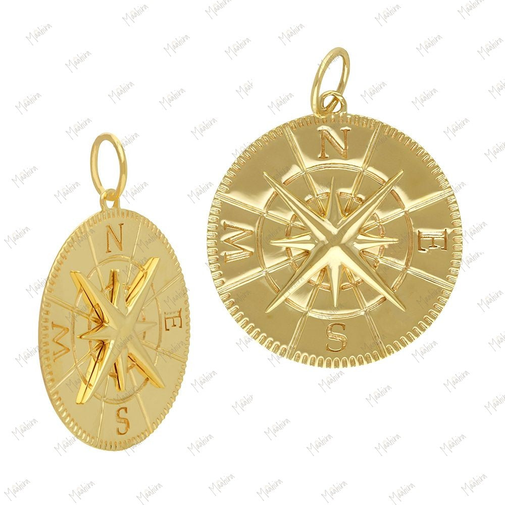 Solid Gold Compass Pendant 32x24mm
