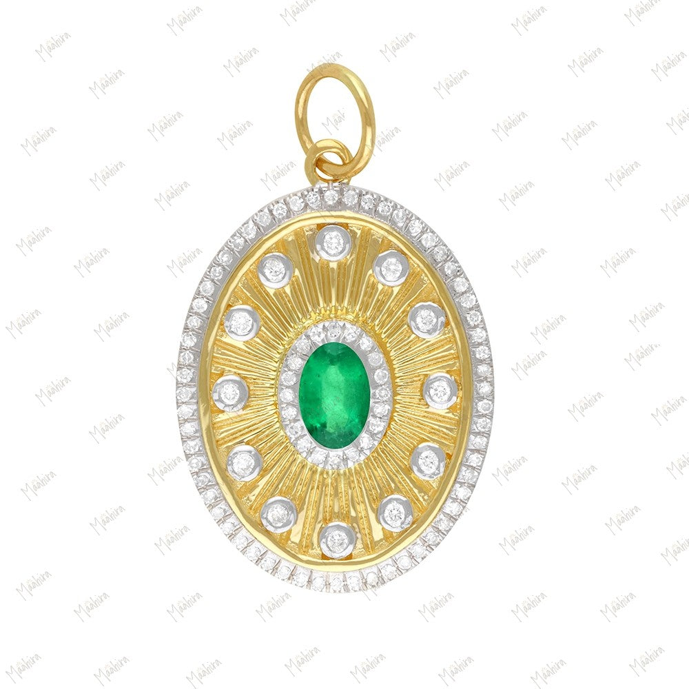 Oval Shape Gold Diamond & Emerald Pendant 17x22mm