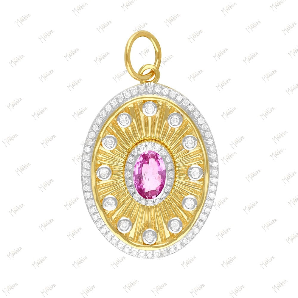 Oval Shape Gold Diamond & Emerald Pendant 17x22mm